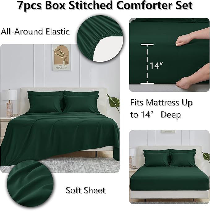 Queen Comforter Set, 7-Piece Bed in a Bag, Emerald Green | OEKO-TEX Certified, Box-Stitched Design, 240 GSM Down Alternative Fill, All-Season Comfort, Sheets, Pillowcases & Shams