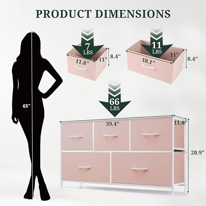 5-Drawer Dresser for Bedroom, Anti-Tip Wide Storage Organizer Fabric | Chest of Drawers TV Stand for 45" TV with Wooden Top and Metal Frame for Closet, Living Room, Hallway, Entryway, Pink