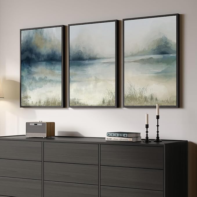 Large Framed Blue Abstract Landscape Wall Art, 3 Piece Set, Each 20x30 In | Misty lake mountain pictures, Watercolor canvas prints, Nature painting, Artwork for wall, Wall decor for living room bedroom