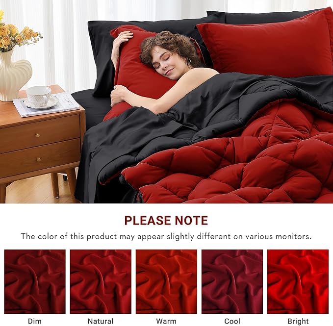 7 Pieces King Comforter Set, Reversible Bed in a Bag King Size, All Season Bedding Set with Comforter, Flat Sheet, Fitted Sheet, Pillowcases & Shams, Red & Black