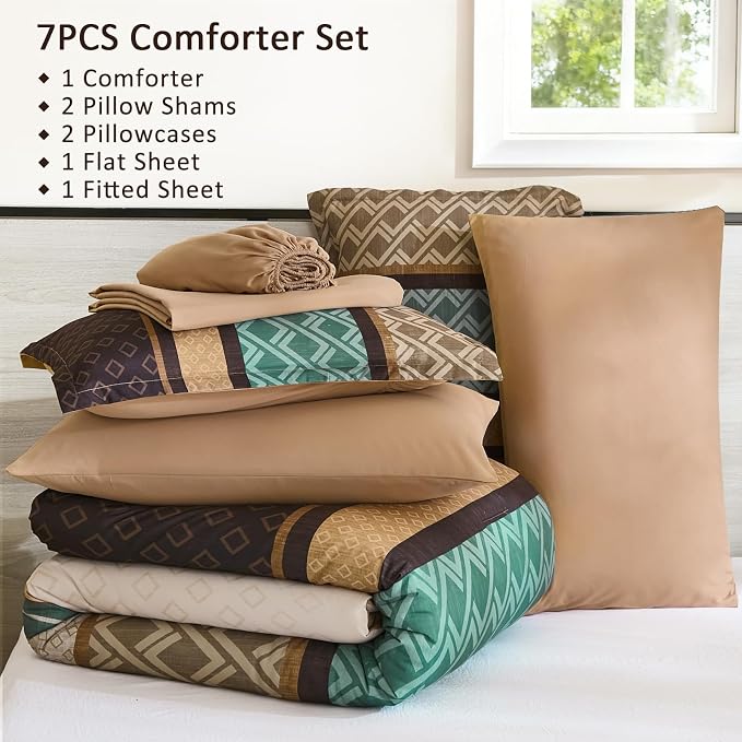 Cottolester Queen Comforter Set 7 Pieces,Boho Striped Bed in a Bag | Brown and Green Bed Set,Soft Microfiber Complete Bedding Sets