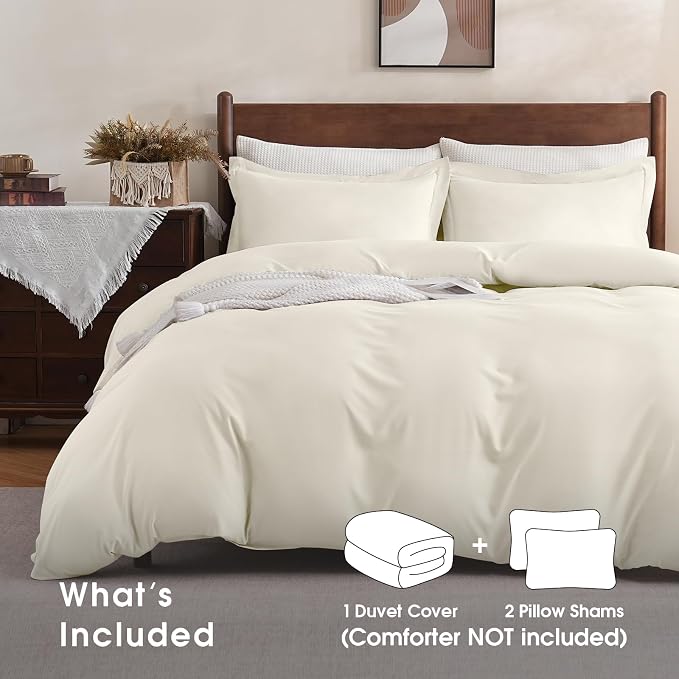 FreshCulture Duvet Cover Queen Size - 3 Pieces Microfiber Duvet Cover Set with Zipper Closure - Lightweight & Easy Care - 1 Comforter Cover & 2 Pillow Shams - Comforter Not Included (Ivory)