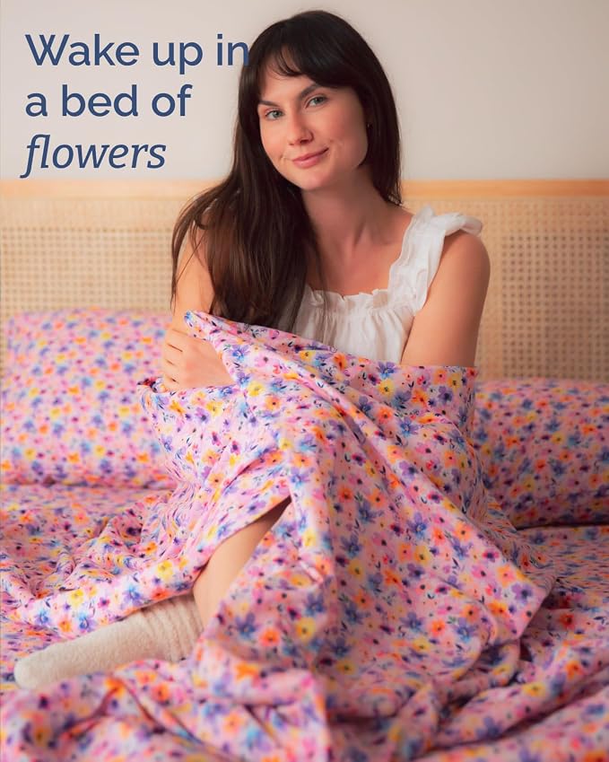 Twin XL 3 Piece Floral Sheet Set - Breathable & Cooling - Watercolor Bloom | 1 Flat, 1 Fitted & 1 Pillowcase w/ Deep Pockets, Boho Botanical Floral Bedding, Breathable & Cooling, Wrinkle & Fade Free