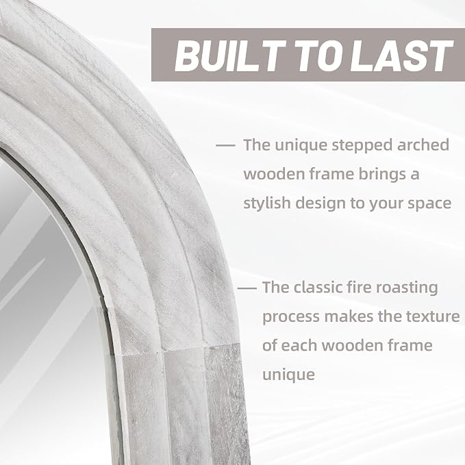 ZHUNFA Arched Full Length Mirror with Solid Wood Frame | 65x22 Farmhouse Wall Mirror Full Length with Stand, Vertical Hanging, Leaning Standing for Bedroom,Living Room, Rustic White