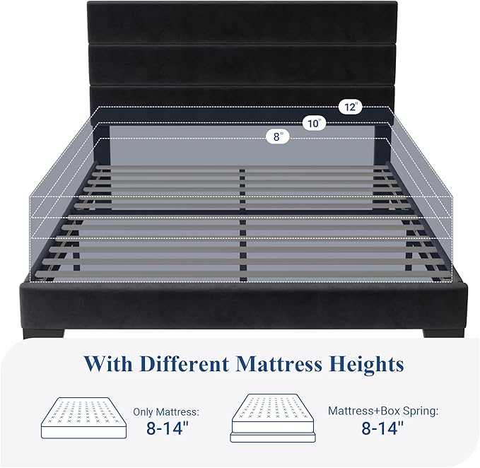 Allewie Queen Size Platform Bed Frame with Velvet Upholstered Headboard | Wooden Slats Support, Fully Upholstered Mattress Foundation, No Box Spring Needed, Easy Assembly, Noise-Free, Black