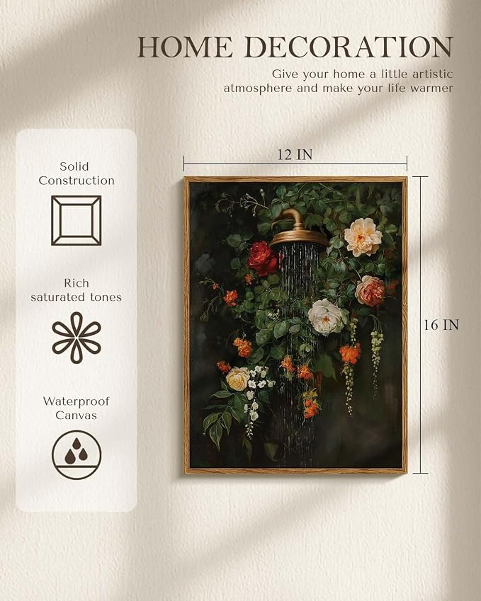 HUARCEY Vintage Floral Canvas Wall Art Framed 12"x16", Moody Botanical | Shower Wall Art,Rustic Flower Canvas Print, Antique Garden Bathroom Wall Decor for Bathroom Living Room Bedroom