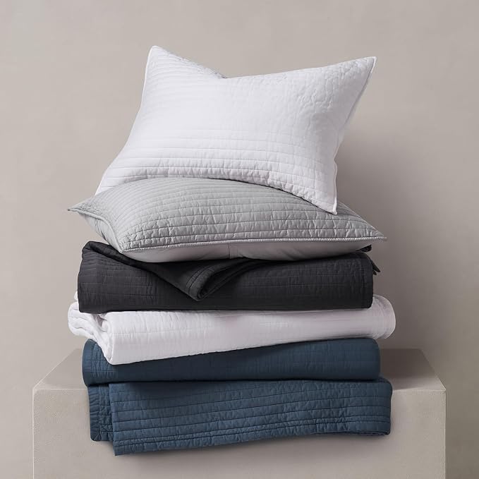 EVERGRACEHOME Cotton Sateen Quilt Set, Queen Size, Washed Black | 100% Cotton, Channel Stitch Coverlet Bedspread, Pre-Washed Lightweight Soft Bedding Set for All Season, 3 Piece, with 2 Shams