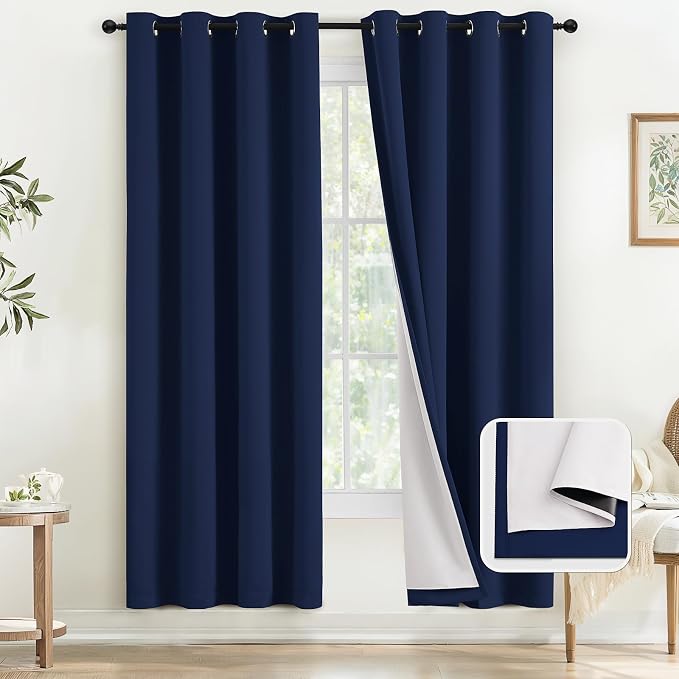 COSVIYA Navy Blue 100% Blackout Curtains for Bedroom with White Back | 2 Thick Layers Full Room Darkening Thermal Insulated Curtain,Grommet Window Drapes for Living Room, 52x72 Inch, 2 Panels