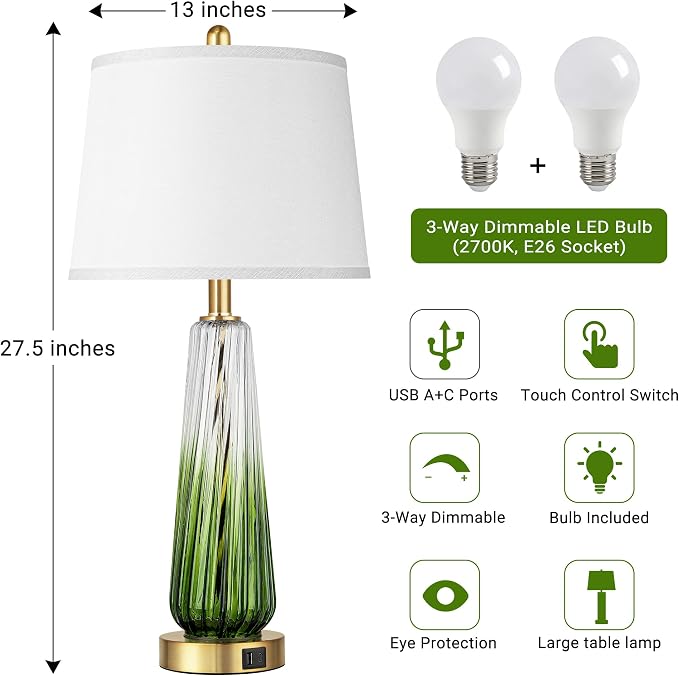 Modern Glass Table Lamps Set of 2, 27.5" Bedside Lamp for Bedroom, Green | 2 LED 3-Way Dimmable Bulb Included, Touch Control, USB A+C Charging Ports, Living Room Nightstand Lamp, Gradient Glass, 2700K