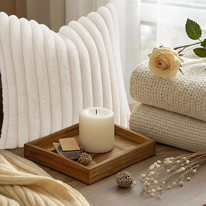 decorUhome Fall Faux Fur Throw Pillow Covers 18x18 Set of 2 Cream White | Decorative Soft Cozy Striped Plush Modern Farmhouse Boho Couch Pillow Cases Velvet Back for Sofa Bed Living Room Home Decor
