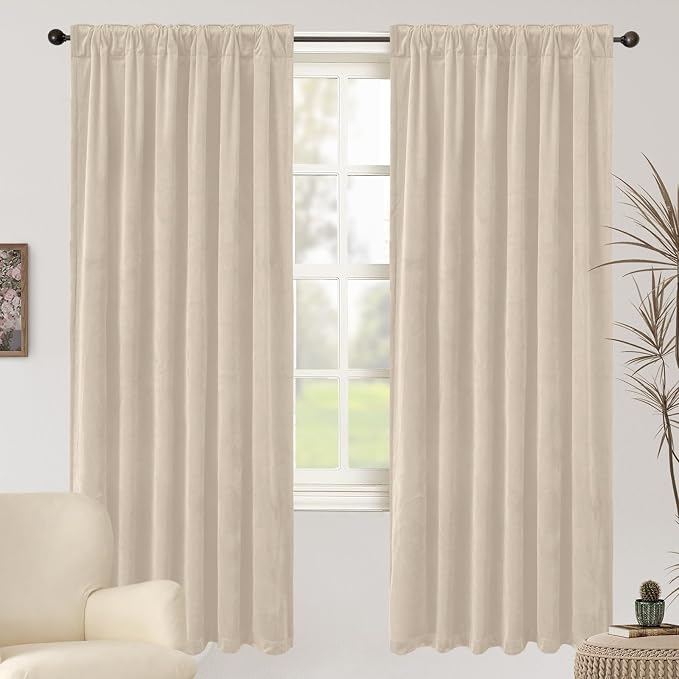 BGment Cream Beige Velvet Blackout Curtains 72 Inch Length for Bedroom | Elegant, Thermal Insulated, Room Darkening, Super Soft, Drapes for Living Room, Back Tab Rod Pocket, 2 Panels, 52 x 72 Inch