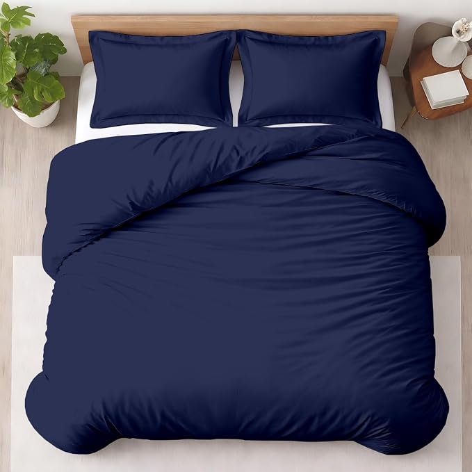 3 Pc Duvet Cover Queen Size/Full Size Set-100% Egyptian Cotton 600 Thread Count Ultra Soft Premium Durable Comforter Cover Zipper Closure & Corner Ties- (Navy Blue, 90" X 90")