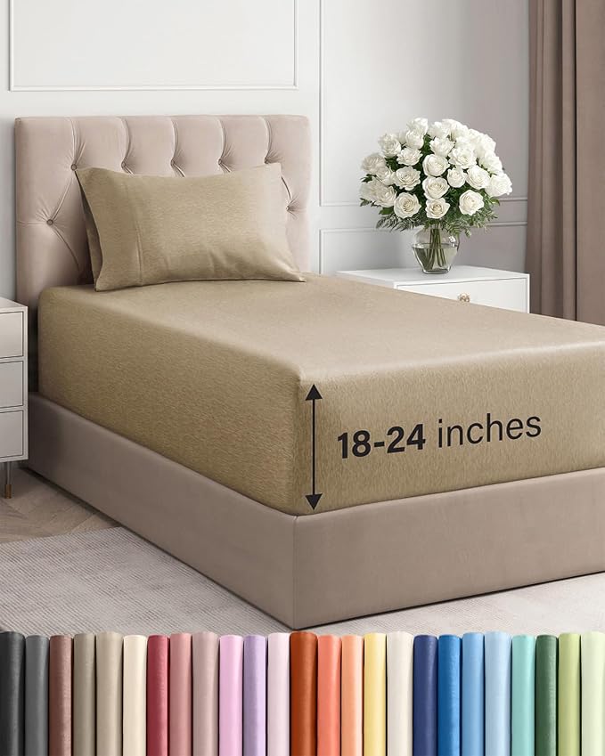 Extra Deep Twin Sheet Set - 3 Piece Breathable & Cooling - Heathered Tan | Easily Fits 18 to 24 inch Mattress - Ultra Soft, Wrinkle & Fade Free with Extra Deep Pockets - Comfy Hotel Luxury Bedding