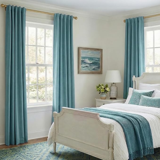 INOVADAY 100% Blackout Linen Curtains for Bedroom 50x84 Inches Teal | Linen Textured, Light Blocking, Room Darkening, Thermal Insulated, Back Tab Top, Window Curtains for Living Room, 2 Panels