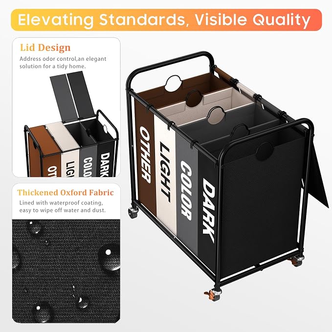Laundry Sorter 4 Sections 48 Gal, Rolling Laundry Basket with Wheels ＆ Lid | Laundry Hamper, 4 Separated Removable Bags, Lockable Wheels, Dirty Clothes Hamper for Laundry Room Organizer, Multicolor