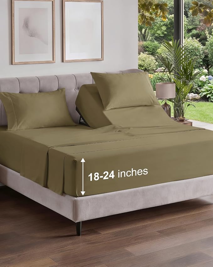 Flex Top Split Head King Sheet Set - 4 Piece Extra Deep Sheets - Khaki | Easily Fits 18 to 24 inch Mattress, Ultra Soft, Wrinkle & Fade Free with Extra Deep Pockets, Comfy Hotel Luxury Bedding