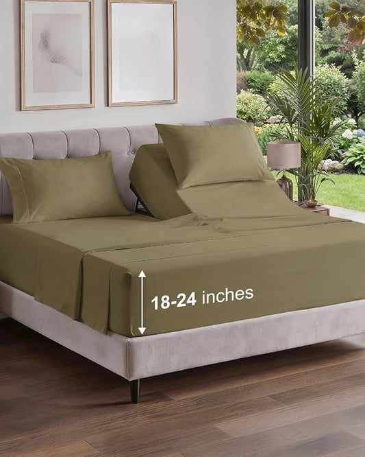 Flex Top Split Head King Sheet Set - 4 Piece Extra Deep Sheets - Khaki | Easily Fits 18 to 24 inch Mattress, Ultra Soft, Wrinkle & Fade Free with Extra Deep Pockets, Comfy Hotel Luxury Bedding