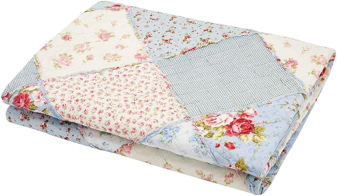 Cozyholy Original 100% Cotton Quilt Full Queen Size Blue Floral Patchwork Quilt, Lightweight Reversible Bedspread Quilted Throw Blanket, Vintage Shabby Chic Cottage Bedding Coverlet for Bed Couch Sofa