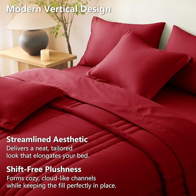 Full Size Comforter Sets Dark Red- 7 Pieces Bed in a Bag | OEKO-TEX Certified, 240GSM Down-Alternative Comforter, 14" Deep-Pocket Sheets, Shams & Pillowcases, Lightweight