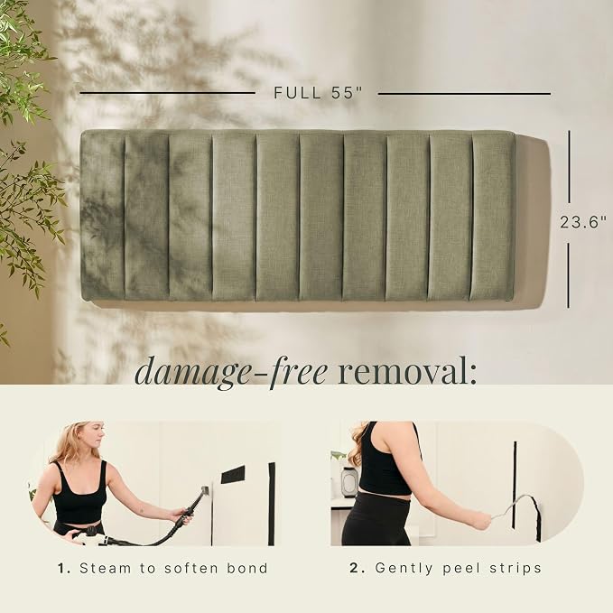 Nestl Upholstered Full Headboard - Easy Assemble Channel Stitched Headboard Full Size - Wall Mounted Headboards with 3D Soundproof Wall Panels Peel & Stick Floating Headboards, Olive Green