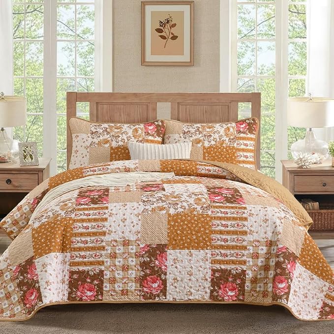 Quilt Set Queen Size, Brown Orange Patchwork Fall Bedding Set | Farmhouse Floral Plaid Bedding Set with Red Flower Pattern, 3 Pieces Soft Microfiber Reversible Bed Cover for All Season