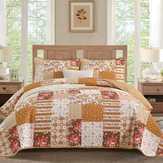 Quilt Set Queen Size, Brown Orange Patchwork Fall Bedding Set | Farmhouse Floral Plaid Bedding Set with Red Flower Pattern, 3 Pieces Soft Microfiber Reversible Bed Cover for All Season