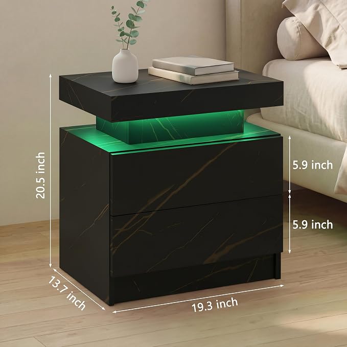 i-aplus LED Nightstand with Wood 2 Drawers Modern Bedside Table for Bedroom | Nightstands with App-Controlled RGB LED Lights, Night Stand with Storgae Drawer, Modern Bedside Table for Bedroom