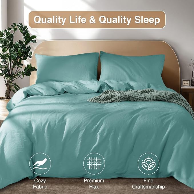 SONORO KATE 100% French Linen Queen Duvet Cover Set,Zipper Closure,3PC | Natural French Flax,Soft Breathable for Hot Sleepers,Moisture Wicking & Durable,4 Corner Ties,Aqua