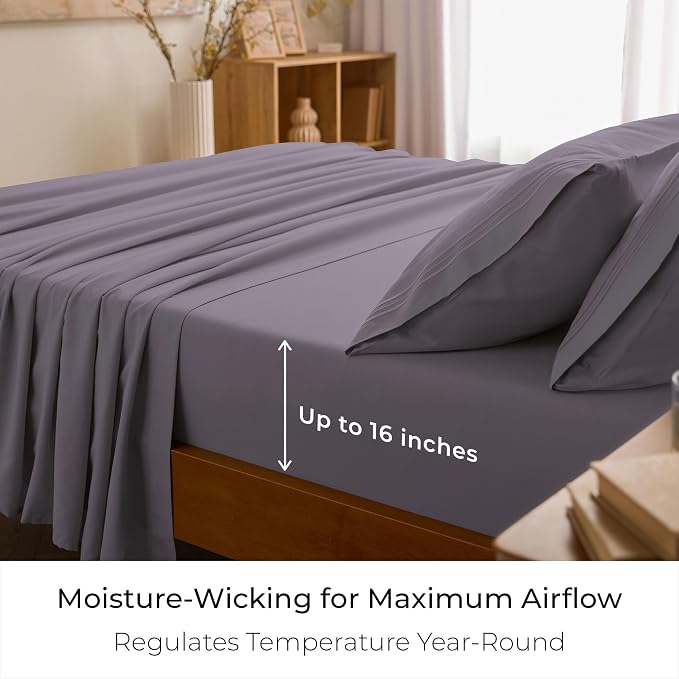 Mellanni Iconic 4-Piece, Ultra Soft Sheet Set (California King, Hazy Lilac) | 10M+ Sleepers. Lab-tested: Sleeps Cool, Stays Bright, Strong, Smooth. Good Housekeeping Best Bedding, 7 yrs running.