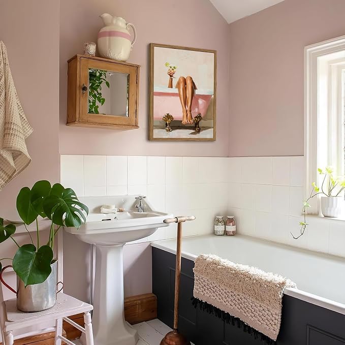 Funny Girl Bathroom Wall Art Pink Cute Girly Bathtub Wall Decor Picture, Trendy Girl Bathroom Martini Cocktail Poster Canvas Print Painting Minimalist Cute Woman Artwork 16x24 inch Wood Framed