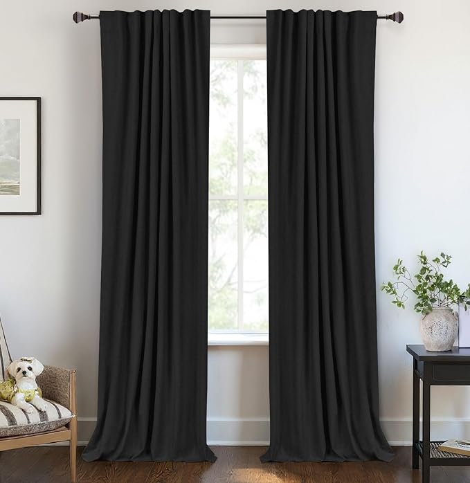 Linen Textured Total Blackout Curtains for Bedroom 63 Inches Long, Black | 100% Blackout Shield, Back Tab/Rod Pocket Living Room Drapes, Thermal Insulated Blackout Curtains 2 Panels Set, 50"W x 63"L