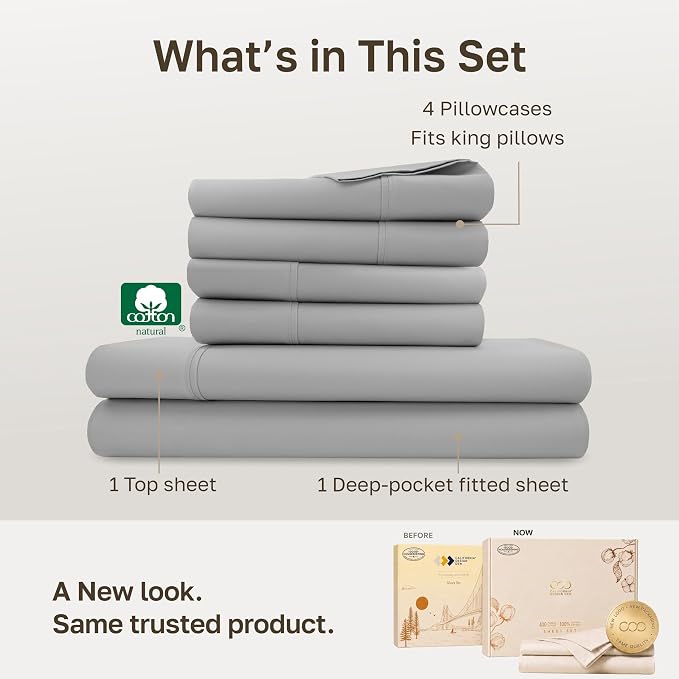 California Design Den Soft 100% Cotton Hotel Sheets King, Light Grey | 6 Pcs with 4 Pillowcases, 400 Thread Count Backed by Good Housekeeping Seal, 16" Deep Pocket, All-Around Elastic, 6 Pc Set