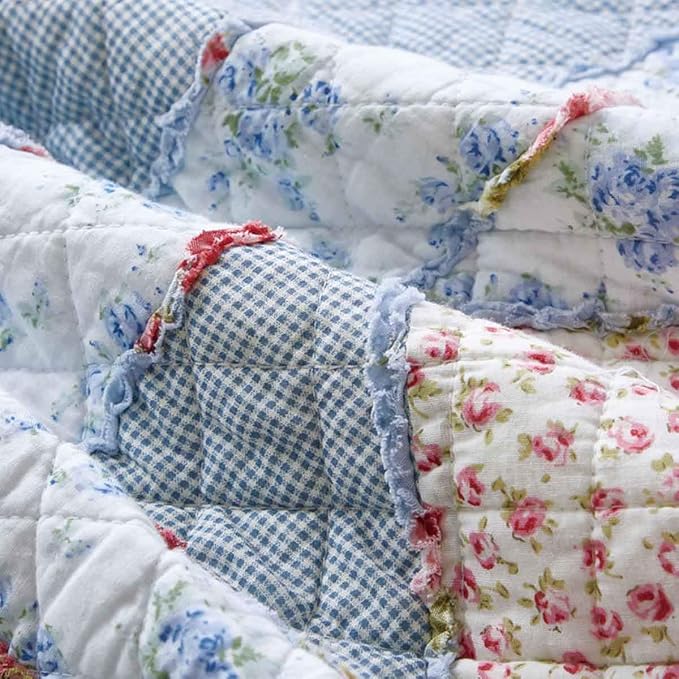 Cozyholy Original 100% Cotton Quilt Full Queen Size Blue Floral Patchwork Quilt, Lightweight Reversible Bedspread Quilted Throw Blanket, Vintage Shabby Chic Cottage Bedding Coverlet for Bed Couch Sofa