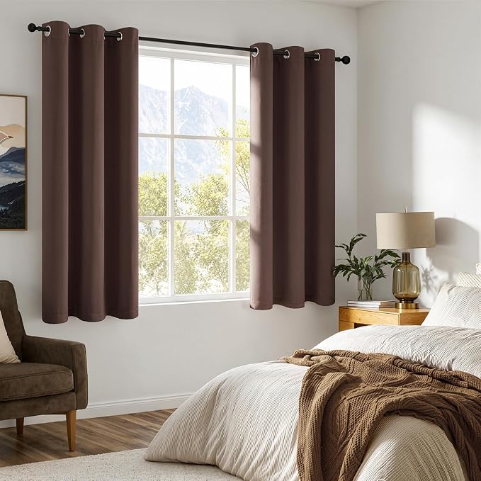 MIULEE Dark Brown 100% Blackout Curtains for Bedroom 40x45 Inch 2 Panels | 2 Thick Layers Thermal Insulated Short Curtains with Black Liner, Noise Reducing Grommet, Drapes for Living Room