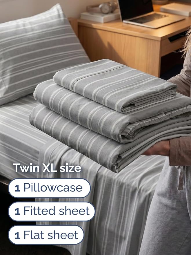 Extra Deep Twin XL Sheet Set - 3 Piece College Dorm Room - Grey Stripes | Soft, Breathable & Cooling, Easily Fits 18 to 24 inch Mattress, Wrinkle Free & Fade Resistant with Extra Deep Pockets