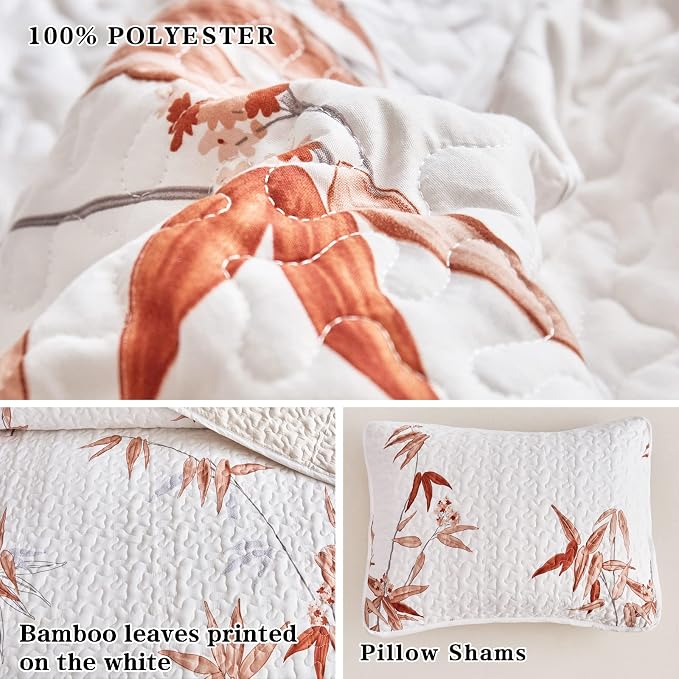 Botanical Quilt Set 3 Piece Full/Queen, Burnt Orange Leaves on White Design Reversible Bedspread Coverlet Set, Soft Microfiber Lightweight Bed Cover for All Season (90" x 90", 1 Quilt+ 2 Pillow Shams)