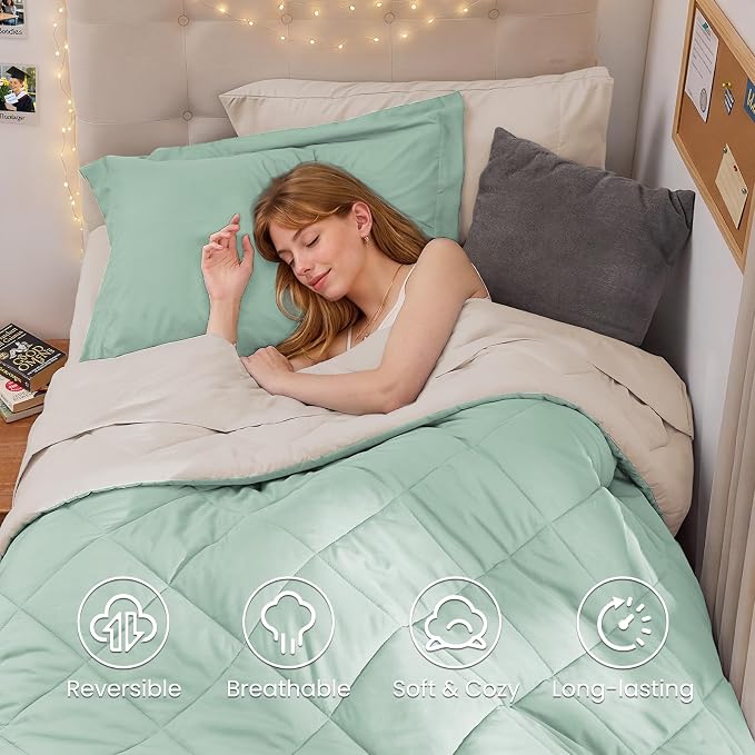5 Pieces Twin XL Comforter Set, Reversible Bed in a Bag Twin XL Size, All Season Bedding Set with Comforter, Flat Sheet, Fitted Sheet, Pillowcases & Shams, Sage Green & Beige