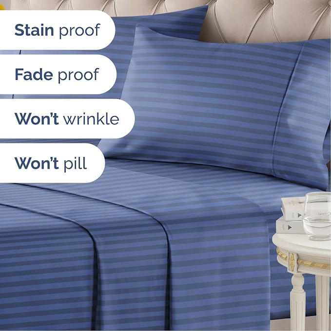 Twin 3 Piece Striped Sheet Set - Soft, Breathable & Cooling - Blue Stripes | 1 Flat, 1 Fitted & 1 Pillowcase w/ Deep Pockets, Luxury Striped Bedding, Soft, Breathable & Cooling, Wrinkle & Fade Free