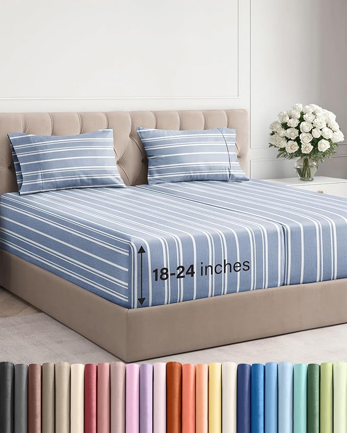 Extra Deep Split King Sheet Set - 5 Piece Breathable Cooling - Blue Stripes | Easily Fits 18 to 24 inch Mattress - Ultra Soft, Wrinkle & Fade Free with Extra Deep Pockets - Comfy Hotel Luxury Bedding