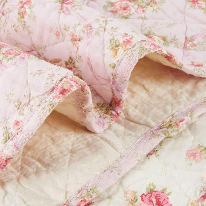 Cozyholy Original 100% Cotton Quilt Pink Floral Patchwork Quilts Quilted Throw Blanket, Reversible Bedspread Coverlet Vintage Shabby Chic Cottage Bedding Quilt for Bed Couch Sofa