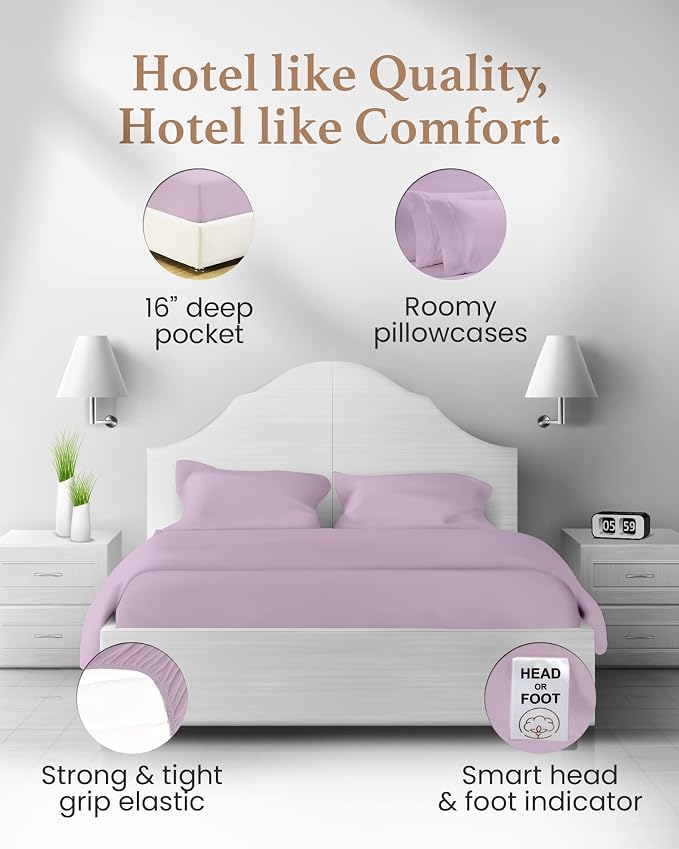 Good Sleep Bedding 100% Egyptian Cotton Twin XL Sheets, 4 Piece, Silky Sateen Weave Twin XL Bed Sheets, Ultra-Soft & Durable Hotel Luxury, 16 Inch Deep Pocket Bed Sheets Twin XL - Lavender