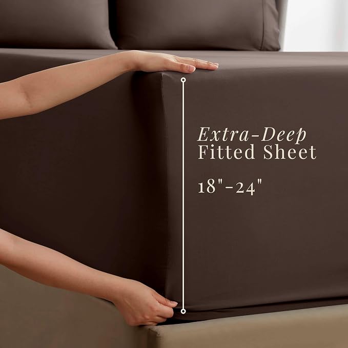 Hearth & Harbor Extra Deep Pocket Sheets - Fits Mattress 18-24 Inches Deep - Extra Deep Pocket California King Size - 6 Piece Cal King Sheets - Cal King, Brown