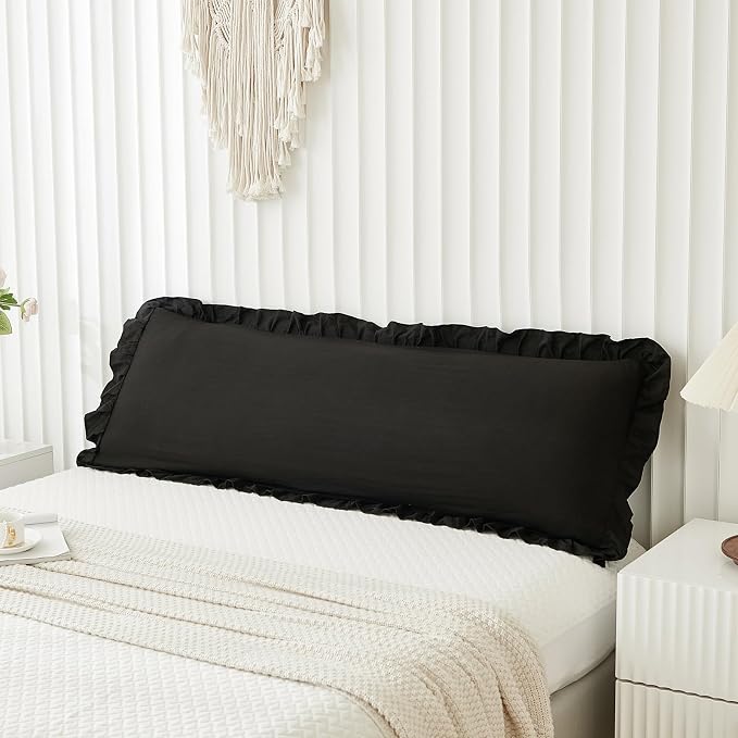Black Body Pillow Cover 20x54inches Long Pillowcase Ruffled Pillowcases Shabby Chic Ruffled Fringe Decor Body Ruffled Pillow Sham Cute Pillowcase (1 Body, Black)