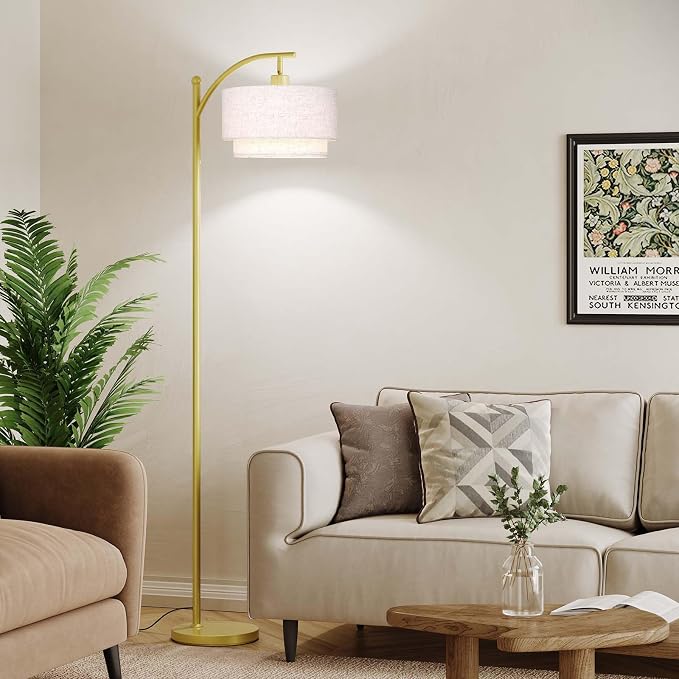 SUNMORY Floor Lamps for Living Room with 12W LED Bulb, Arc Lamp with 3 CCT | Modern Floor Lamps with Adjustable Double Fabric Shades, Industrial Arched Lamp, Tall Standing Lamp for Bedroom, Corner