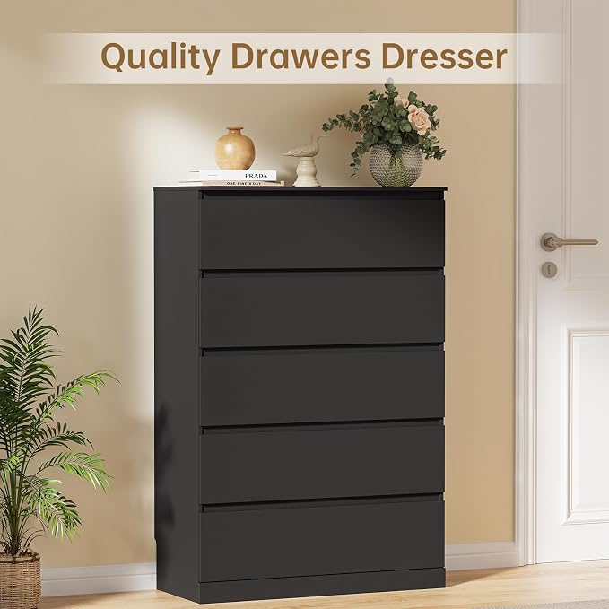Dresser for Bedroom with 5 Drawers, 14.2" D x 31.5" W x 47.3" H, Black | Modern Chest of Drawers with Hidden Drawer,Wood Storage Dresser, Storage Organizer for Living Room, Closet, Hallway