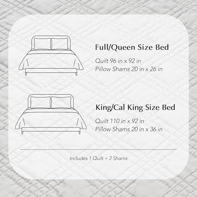 EVERGRACEHOME Cotton Sateen Windowpane Quilt Set King Size, Bright White | 100% Cotton, Pre-Washed Soft Coverlet Bedspread, 3-Piece Lightweight Bedding Set for All Season, with 2 Pillow Shams