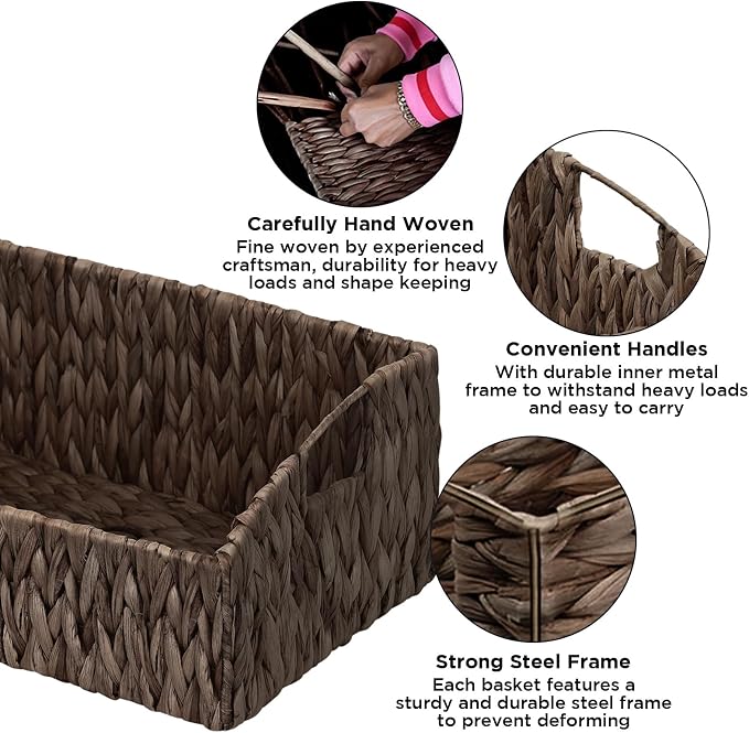 Pantry Baskets Organization, Wicker Basket for Shelf Black | Handwoven Pantry Organizers and Storage with Built-in Handles, Laundryroom Organization Storage Bins for Snack Cans