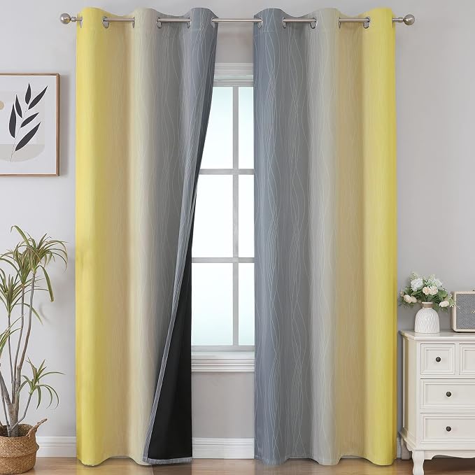 Yellow and Grey Ombre Blackout Curtains for Living Room 42Wx84L Inch Length | Estelar Textiler Room Darkening Gradient Curtains for Bedroom,Thermal Insulated,Light Blocking Grommet Window Drapes,2 Panels