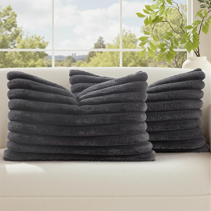 decorUhome Fall Faux Fur Throw Pillow Covers 12x20 Set of 2 Dark Grey | Decorative Soft Cozy Striped Plush Modern Farmhouse Boho Couch Pillow Cases Velvet Back for Sofa Bed Living Room Home Decor