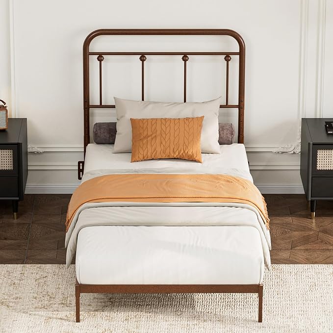 Victorian Metal Twin/Twin XL Headboard, Adjustable Height, Brown | Sturdy Steel Twin Size Head Board Only, Bed Frame Brackets Adapter, Farmhouse Vintage Style, Easy Assembly